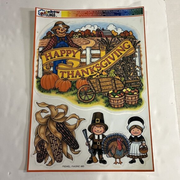 Vintage Happy Thanksgiving Rainbow Clings Michael Macone 1993 Set Of 3 - Picture 2 of 10